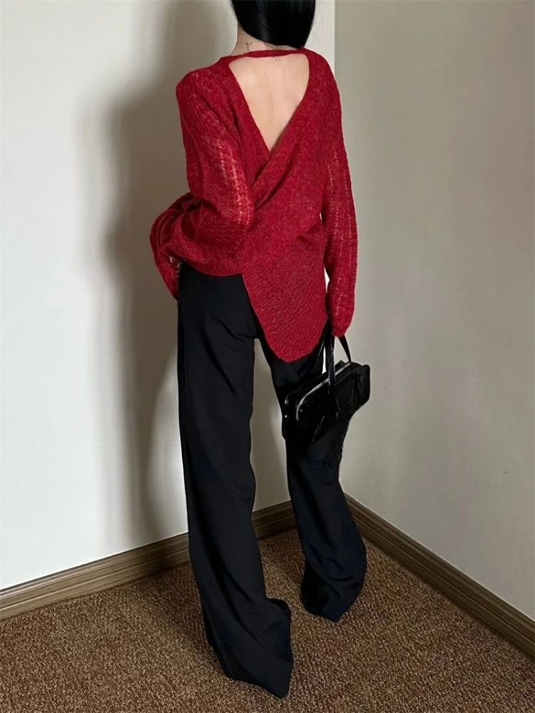 Embroidery Origin - T-shirt da donna in maglia trasparente