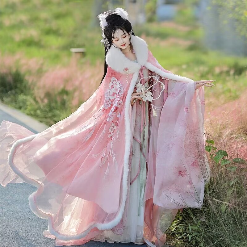 Embroidery Xmas - Abito mantello Hanfu rosa e rosso